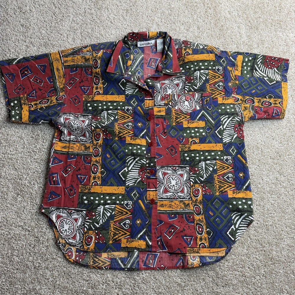 Vintage 90s Cristina Button Up Shirt Womens Large Retro Geometric Short Sleeve